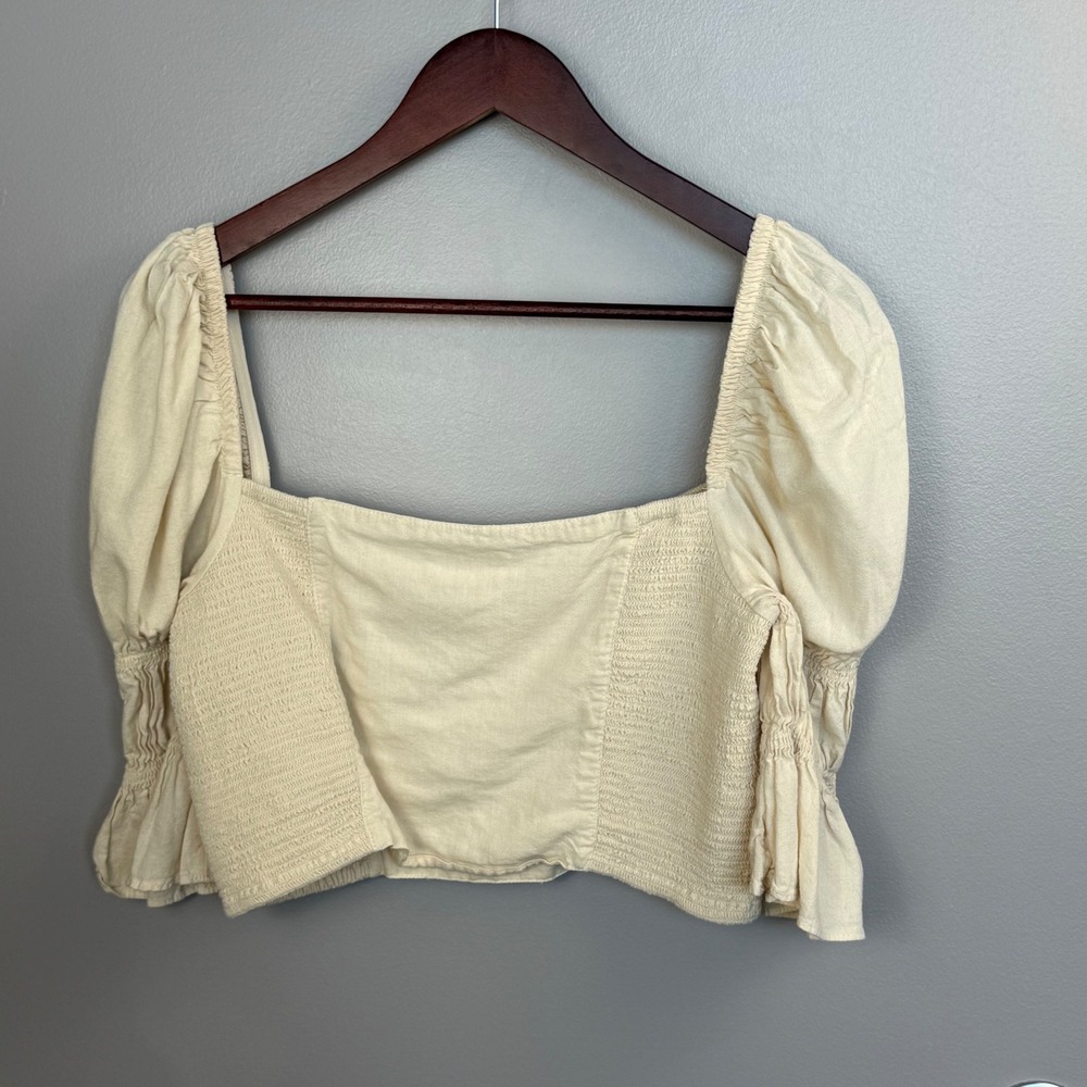Urban Outfitters Smocked‎ Juliet Sleeve Crop Women's L Cream Square Neck Ruffle - Picture 5 of 12